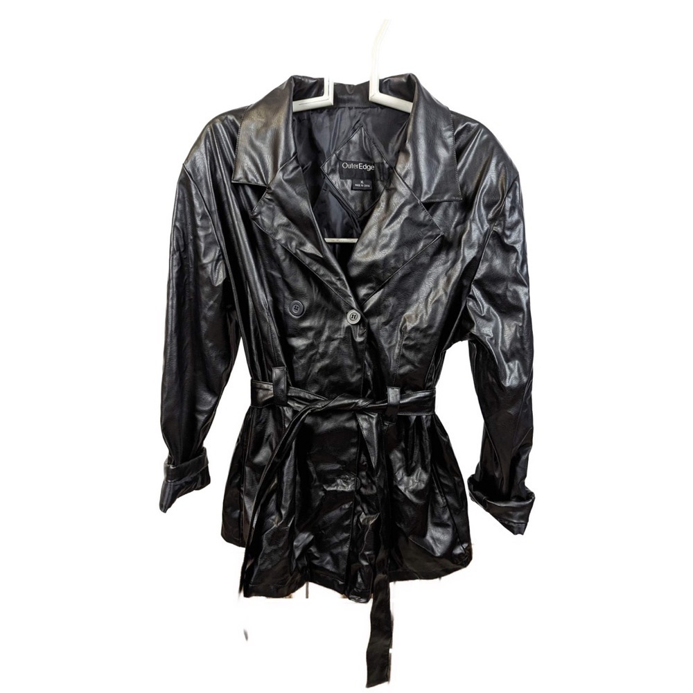 Outer Edge Black Faux Leather Trench Coat GUC Size XL